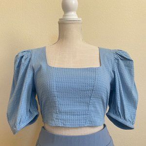 Blue Textured Crop Blouse